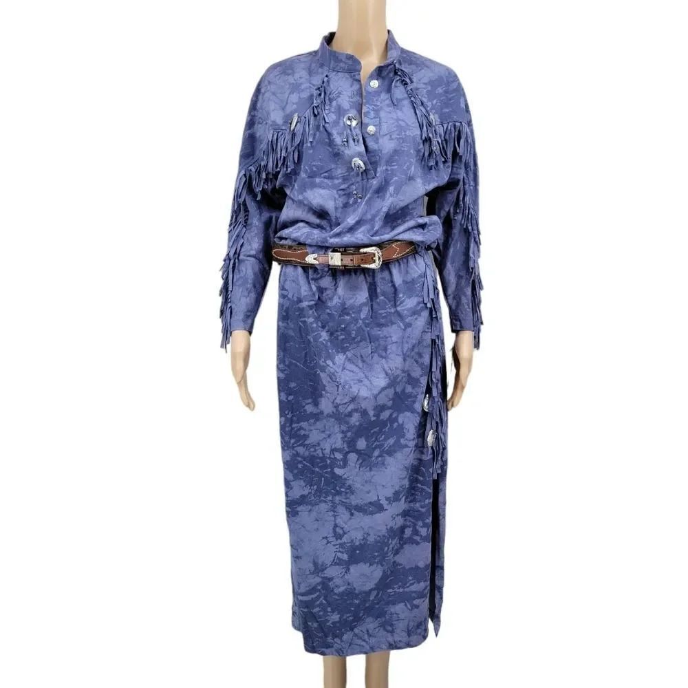 Ozark Mountain Jean Western Maxi Skirt Top Set Blue Fringe Concho Matching Set